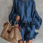 Nadorine Boho Linen Blend Ruffle Trim Top and Shorts Set
