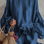 Nadorine Boho Linen Blend Ruffle Trim Top and Shorts Set