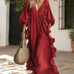 Romantic Deep V-Neck Layered Ruffle Maxi Dress