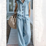 Nadorine Chic Linen Blend Hooded Sleeveless Shirt Pants Set
