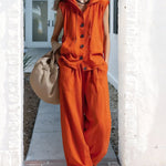 Nadorine Chic Linen Blend Hooded Sleeveless Shirt Pants Set