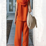 Nadorine Chic Linen Blend Hooded Sleeveless Shirt Pants Set