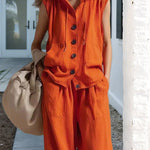 Nadorine Chic Linen Blend Hooded Sleeveless Shirt Pants Set