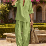 Lazy Style Loose Fit Linen Blend Shirt Pants Set