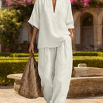 Lazy Style Loose Fit Linen Blend Shirt Pants Set