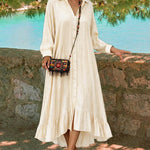 Resort Casual Ruffle Hem Shiny Maxi Shirt Dress
