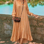 Resort Casual Ruffle Hem Shiny Maxi Shirt Dress