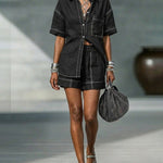 Nadorine Casual 100% Cotton Contrast Color Stitching Shirt Shorts Set for Women Casual Work Office Loose Fit 2026 | Under $25