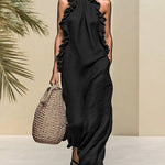 Graceful Linen Blend Ruffle Details Maxi Dress with Pockets