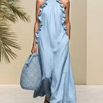 Graceful Linen Blend Ruffle Details Maxi Dress with Pockets