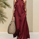 Graceful Linen Blend Ruffle Details Maxi Dress with Pockets