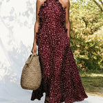 Resort Style Print Halter Neck Maxi Dress with Pockets