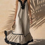 Vacation Linen Blend Contrast Ruffle Trim Maxi Dress