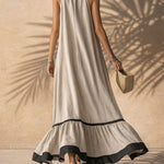 Vacation Linen Blend Contrast Ruffle Trim Maxi Dress
