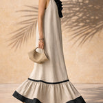 Vacation Linen Blend Contrast Ruffle Trim Maxi Dress