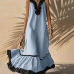 Vacation Linen Blend Contrast Ruffle Trim Maxi Dress