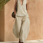 Retro Casual Linen Blend Embroidered Lace Trim Matching Set