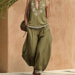 Retro Casual Linen Blend Embroidered Lace Trim Matching Set