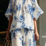 Chic Floral Print Elastic Off Shoulder Matching Set