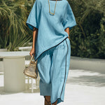 Relaxed Casual Contrast Stitch Linen Blend Matching Set
