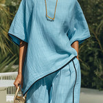 Relaxed Casual Contrast Stitch Linen Blend Matching Set