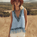 Retro Leopard Print Trim Faux Suede Tassel Tank Top