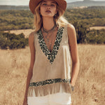Retro Leopard Print Trim Faux Suede Tassel Tank Top
