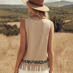 Retro Leopard Print Trim Faux Suede Tassel Tank Top