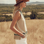Retro Leopard Print Trim Faux Suede Tassel Tank Top