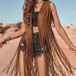 Retro Open Front Faux Suede Long Fringe Vest