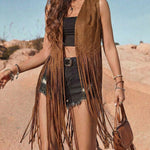 Retro Open Front Faux Suede Long Fringe Vest