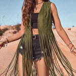 Retro Open Front Faux Suede Long Fringe Vest