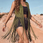 Retro Open Front Faux Suede Long Fringe Vest