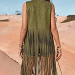 Retro Open Front Faux Suede Long Fringe Vest