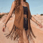 Vintage 70s Hollow Out Details Faux Suede Fringe Vest
