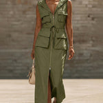 Urban Casual Summer Sleeveless Midi Dress With Utility Pockets