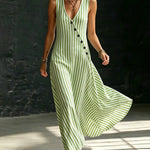 Chic Stripe A-line Slant Placket Sleeveless Maxi Dress