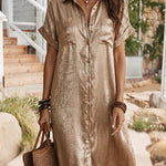 Summer Casual Metallic Short Sleeve Shirt Dress