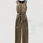 Stylish Metallic Texture Fabric Sleeveless Waist Tie Jumpsuit