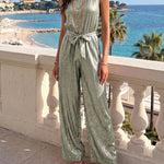 Stylish Metallic Texture Fabric Sleeveless Waist Tie Jumpsuit