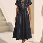 Chic Contrast Piping Cinched Waist Shirt Dress