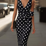 Elegant Polka Dot Print Bow Tie Waist Midi Dress