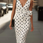 Elegant Polka Dot Print Bow Tie Waist Midi Dress