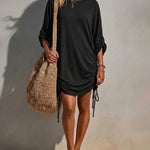 Casual Relaxed Fit Crewneck Drawstring T-Shirt Dress