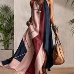 Cozy Flowy Contrast Patchwork Halter Neck Maxi Dress