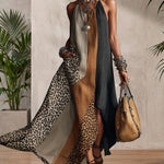 Cozy Flowy Contrast Patchwork Halter Neck Maxi Dress