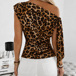 Leopard Print Asymmetric Tie-Up Shoulder Blouse