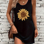Casual Summer Sunflower Print Tank Dress with Pockets
