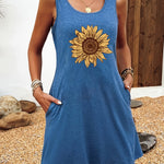 Casual Summer Sunflower Print Tank Dress with Pockets