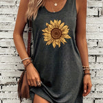 Casual Summer Sunflower Print Tank Dress with Pockets